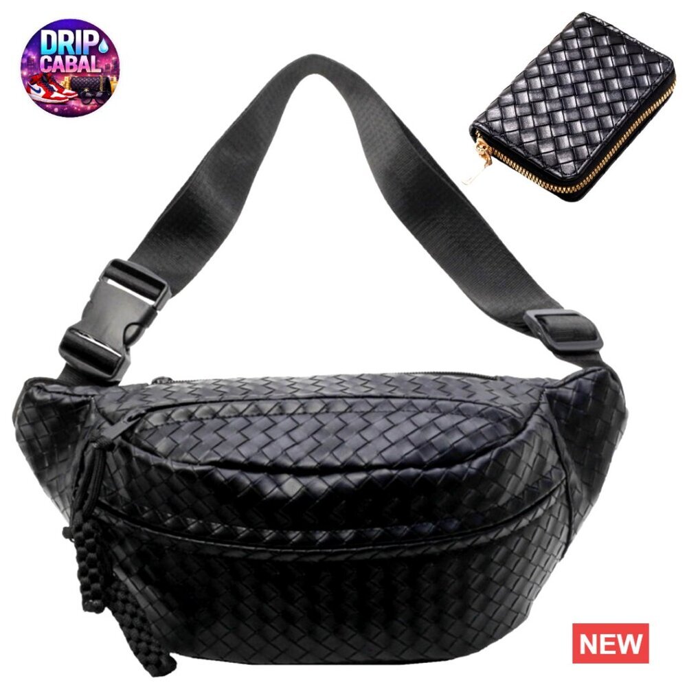 Woven PU Leather Fanny Pack Adjustable Strap Crossbody Sling Bag